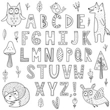 Black And White Alphabet With Forest Animals. Great For Coloring Page, Posters And Children Design