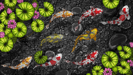 Wall Mural - Koi fish with lotus by hand drawing.Beautiful fish in water.Carp fish graphics design art highly detailed in line art style.Koi fish for pattern or wallpaper.