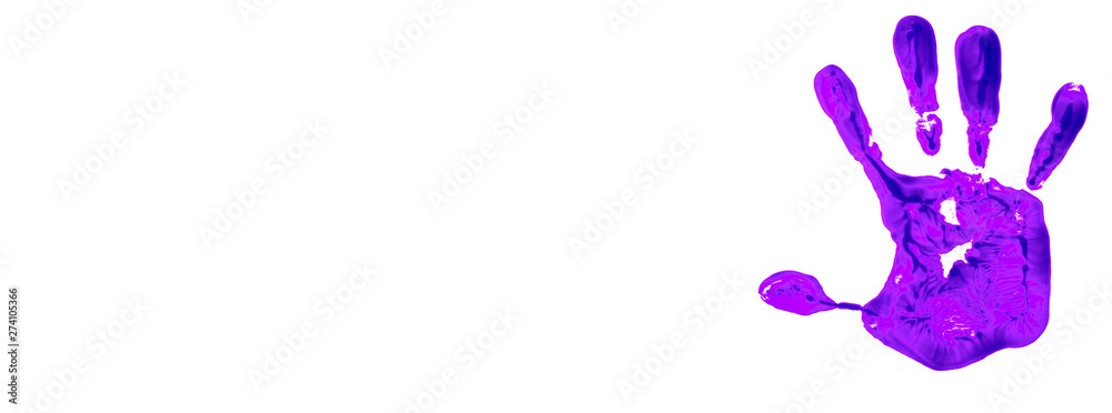 a violet color handprint on a white background, depicting the idea of ...