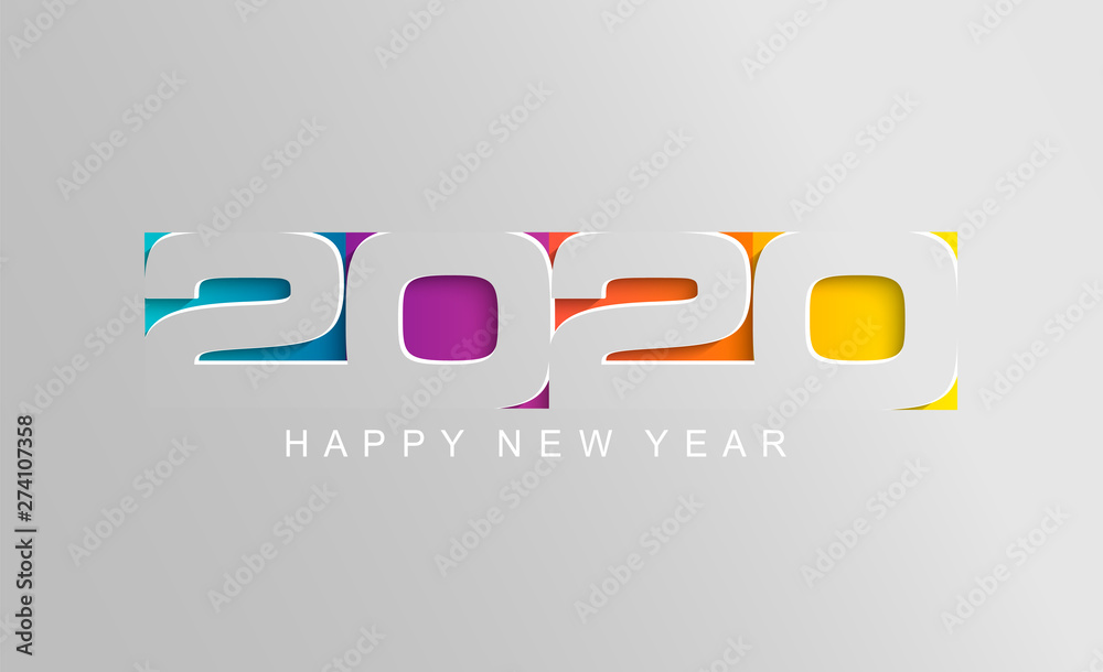 Happy 2020 new year card in paper style for your seasonal holidays flyers, greetings and invitations cards and christmas themed congratulations and banners. Vector illustration. - obrazy, fototapety, plakaty 