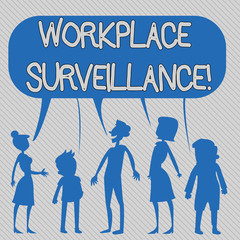 Poster - Text sign showing Workplace Surveillance. Business photo showcasing Monitoring of employees activity and location Silhouette Figure of People Talking and Sharing One Colorful Speech Bubble