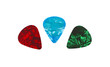 Three colorful guitar picks isolated on white