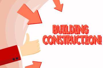 Poster - Handwriting text Building Construction. Conceptual photo process of adding structure to real property Hand Gesturing Thumbs Up and Holding on Blank Space Round Shape with Arrows