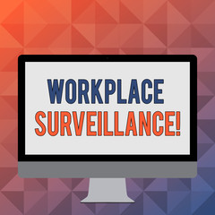 Poster - Handwriting text writing Workplace Surveillance. Conceptual photo Monitoring of employees activity and location Blank White Computer Monitor WideScreen Mounted on a Stand for Technology