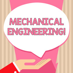 Poster - Handwriting text Mechanical Engineering. Conceptual photo Concerned with industrial application of mechanics Palm Up in Supine Position for Donation Hand Sign Icon and Speech Bubble