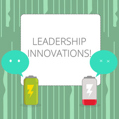 Fototapete - Word writing text Leadership Innovations. Business photo showcasing Style to impact employees to produce creative ideas Fully Charged and Discharged Battery with Two Colorful Emoji Speech Bubble