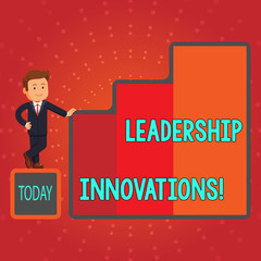 Fototapete - Writing note showing Leadership Innovations. Business concept for Style to impact employees to produce creative ideas Businessman Presenting Growth and Success in Graph Columns