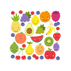 Wall Mural - Cute Fruit Paradise background with various fruit characters