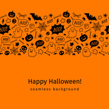 Halloween Background With Ghosts, Skulls, Bones, Bats, Pumpkins, Spiders And Maple Leaves. Black And Orange Seamless Border Backdrop. Endless Texture For Web Page Background And Etc.