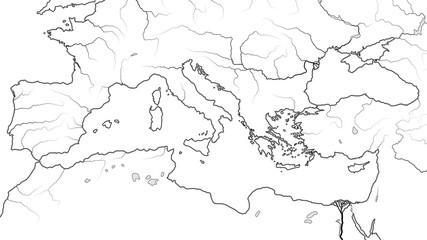  World Map of MEDITERRANEAN SEA REGION: South Europe (Spain, French Riviera, Italy, Balkans, Greece), Asia Minor (Turkey), Near East (Levant), North Africa (Egypt, Libya, Morocco). Geographic chart.