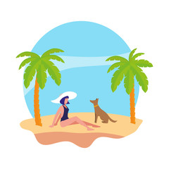 Sticker - young woman with dog on the beach summer scene