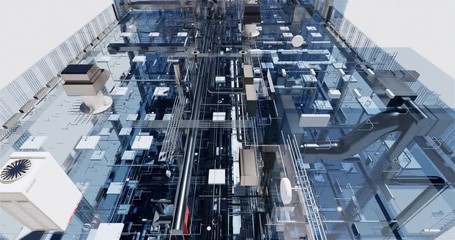 Fototapete - Top view visualization of a BIM model of utilites of building with transparent walls	