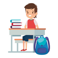 Sticker - student boy seated in school desk with books and bag