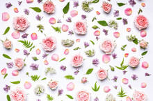 Horizontal Flower Pattern: Roses, Hawthorn Flowers, Rowan Leaves On A White Background. Top View