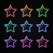 Colorful Neon Star Badges Set. Glowing Colored Stars Banners Or Buttons Collection With Shining Plastic Background. 3d Halogen Or Led Line Electric Border. 80s Style Sign Bright Vector Illustration.