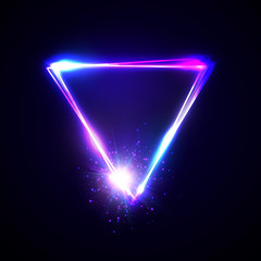 Wall Mural - neon abstract triangle with light star particle. glowing vintage electric frame. shining pointer on 