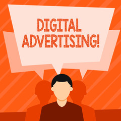 Word writing text Digital Advertising. Business photo showcasing marketing of products or services using internet Faceless Man has Two Shadows Each has Their Own Speech Bubble Overlapping