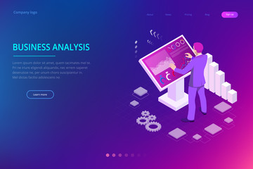 Poster - isometric male in front of the big screen for data analysis. statistics and business statement, anal