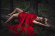 © евгений ставников - beautiful girl in red dress lying on the ground in the forest