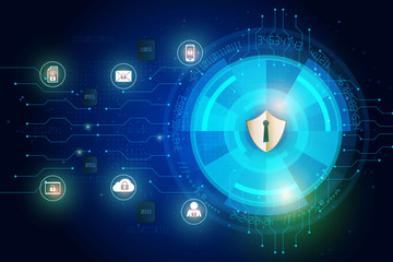 Poster - Shield icon on abstract technology security digital data and security global network background, vector illustration