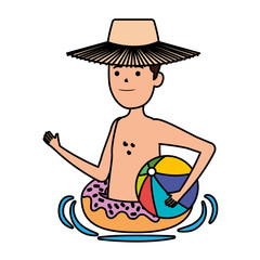 Sticker - young man with donut float and balloon beach