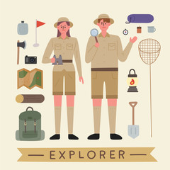 Wall Mural - explorer characters and various exploration equipment. flat design style minimal vector illustration