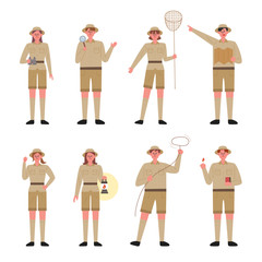 Wall Mural - an explorer character set standing with various equipment. flat design style minimal vector illustra