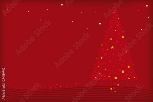 Christmas tree illustration in red with stars and background.
