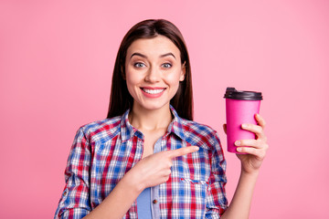 Poster - Portrait cute charming millennial promoter hold hand beverage mug dream dreamy advise decision choice suggest tip demonstrate adverts sales rest free time modern clothing isolated pink background