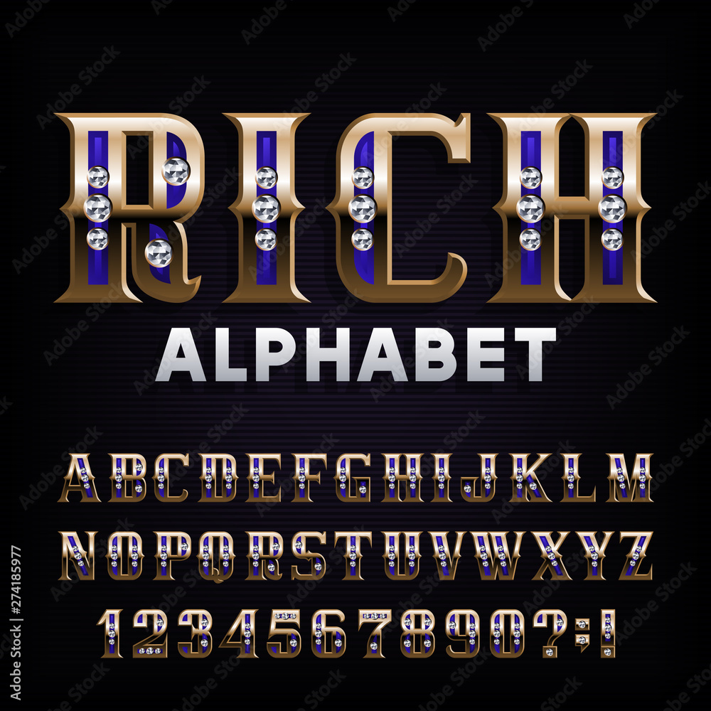 Rich alphabet font. Ornate gold letters and numbers with diamond ...