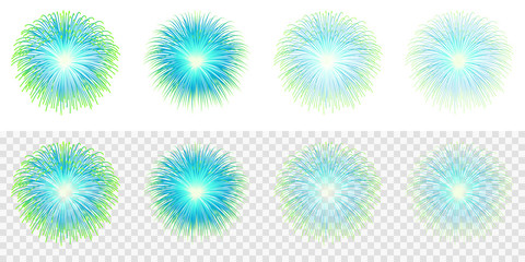 Wall Mural - Set of blue fireworks isolated on transparent light background