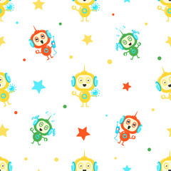 Sticker - Cute Funny Robots Seamless Pattern, Friendly Alien or Robot Design Element Can Be Used for Fabric, Wallpaper, Packaging Vector Illustration