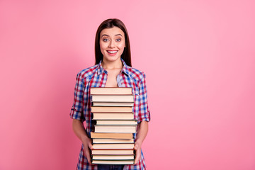 Wall Mural - Portrait of cute funny lady hold hand want be intellgent clever laugh laughter astonished impressed incredible wonder isolated wear plaid shirt pink background