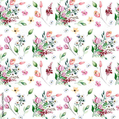Seamless background, floral pattern with watercolor flowers. Repeating fabric...