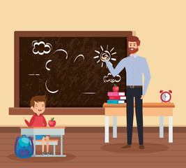 Poster - male teacher with student boy in the school scene