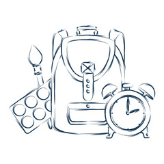 Poster - schoolbag with alarm clock and paint supplies