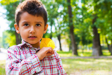 Wall Mural - boy with a yellow lime leaf outdoor