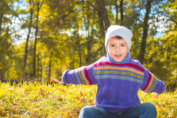 Poster - boy in sweater and hat sitting on the grass