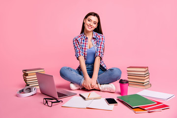 Sticker - Portrait of positive cheerful cute lovely millennial feel content wear checked shirt stylsih plaid denim jeans sneakers isolated pink background