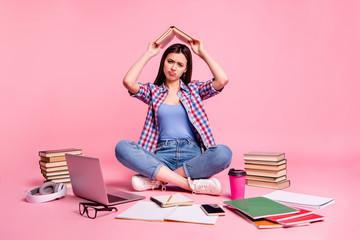 Poster - Portrair of disappointed irritated youth people hold hand exhausted dont want learn be smart intelligent denim jeans clothing shirt note book checked isolated pink background