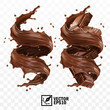 3D realistic vector set, vertical splash of chocolate, cocoa or coffee, pieces of chocolate bar, swirl