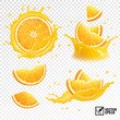 3D realistic set of isolated different vector splashes of orange juice with slices and slices of orange fruit