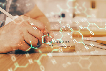 Student or teacher with mathematical and scientific formulas. Concepts of education.
