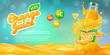 Horizontal banner with 3D realistic advertising of orange juice, a bottle in a splash of orange juice among the splashes and a logo