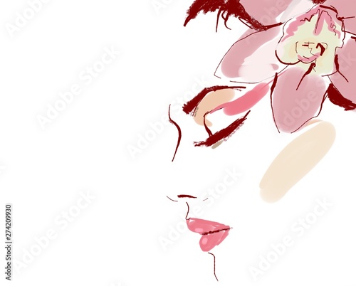 woman with rose petals. Aquarel painting woman. Fashion background. Abstract ...