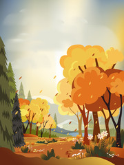 Fantasy panorama landscapes of Countryside in autumn,Panoramic of mid autumn with farm field, mountains, wild grass and leaves falling from trees in yellow foliage. Wonderland landscape in fall season