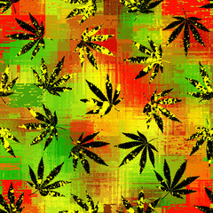 Poster - Seamless background pattern. Rastafarian chevron pattern and grunge hemp leaves.