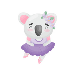 Humanized koala in ballerina dress. Vector illustration on white background.