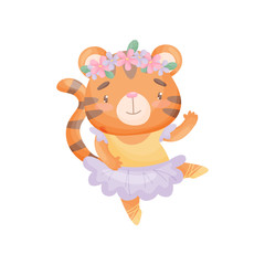 Humanized tiger in a ballerina dress. Vector illustration on white background.