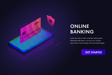 Aufkleber - Online banking isometric web site vector template, payment with mobile phone, isometric smartphone and credit bank card icon, money transfer concept for landing page, presentation, banner
